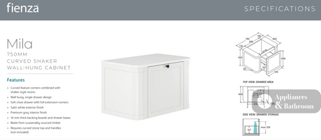 Fienza 75CM Mila Curved Satin White 750 Wall Hung Cabinet - Vanity Units
