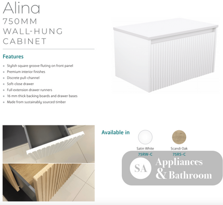 Fienza 75RW-C Alina Fluted White 750 Wall-Hung Cabinet Cabinet Only No Top - Vanity Units