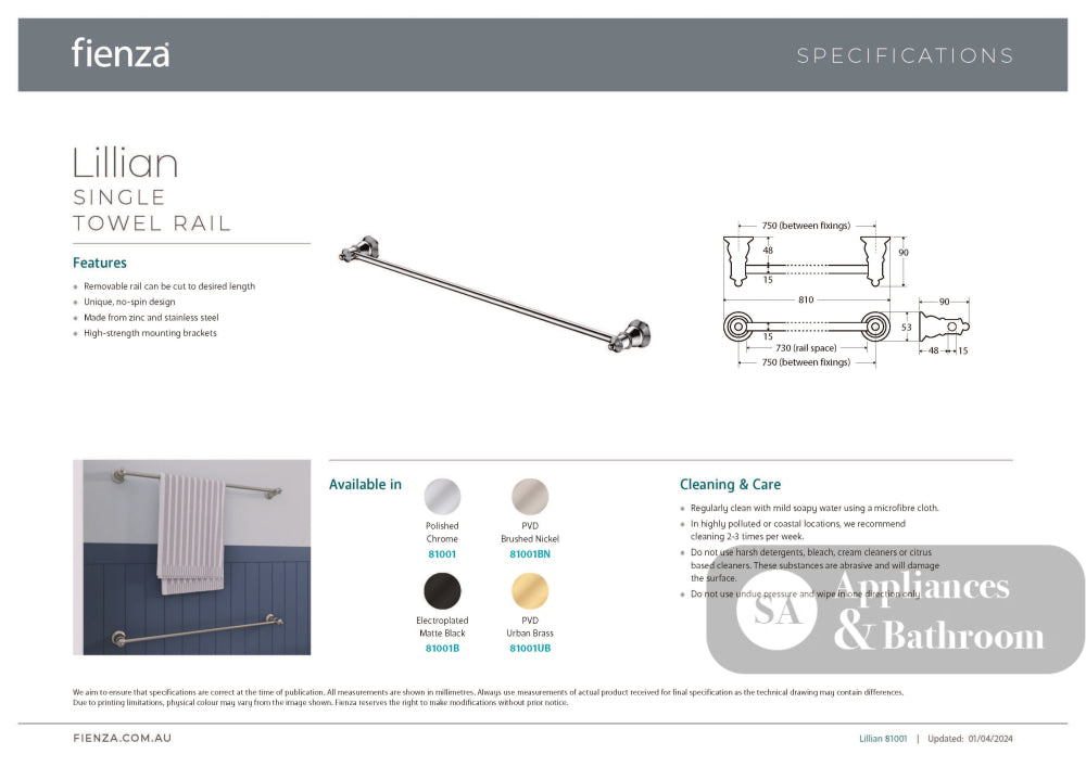 Fienza 81001BN Adjustable Lillian Single Towel Rail Brushed Nickel - Towel Rail