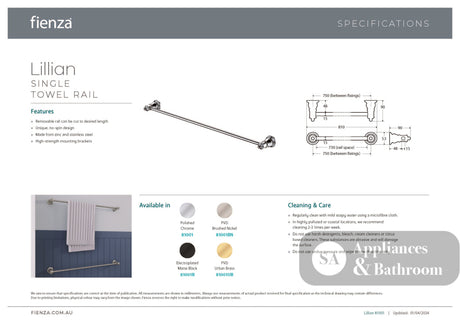Fienza 81001BN Adjustable Lillian Single Towel Rail Brushed Nickel - Towel Rail