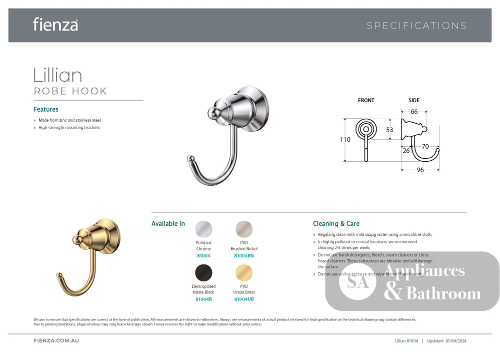 Fienza 81004BN Lillian Robe Hook Brushed Nickel - Robe Hooks