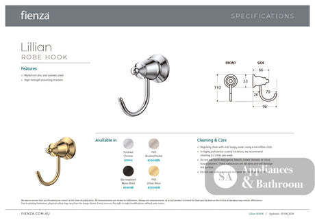 Fienza 81004BN Lillian Robe Hook Brushed Nickel - Robe Hooks