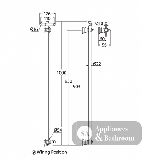 Fienza 8101000UB Lillian Vertical Heated Towel Rail 93 x 1000mm Urban Brass