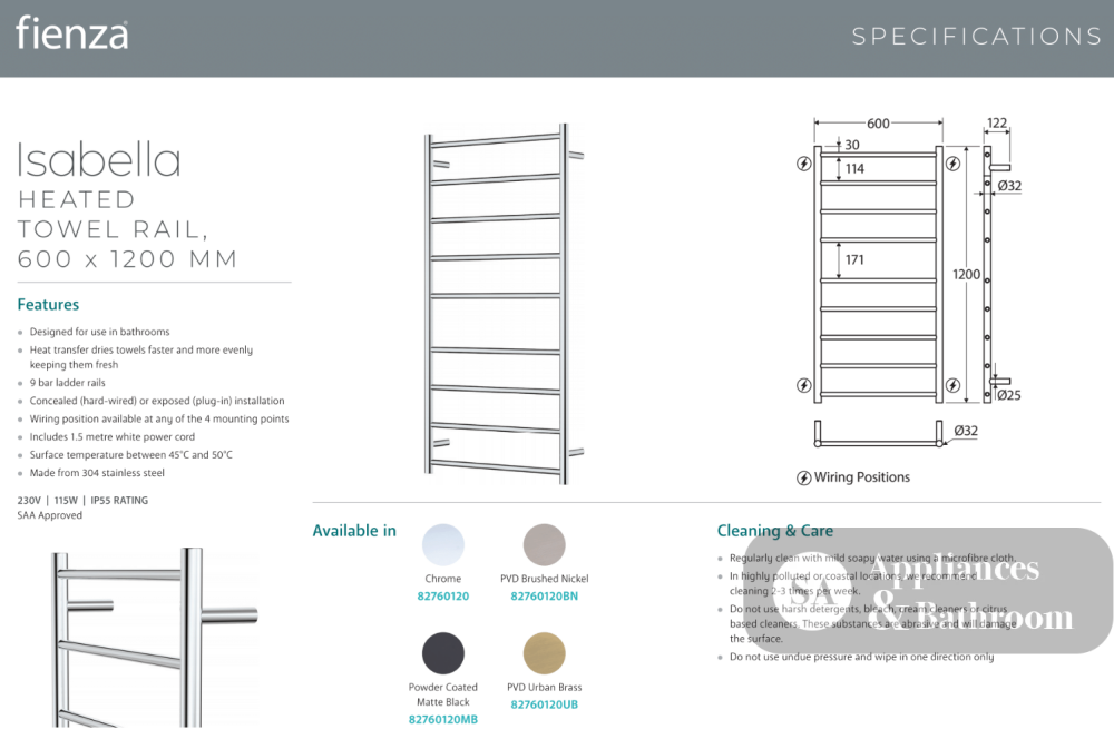 Fienza 82760120UB Isabella Heated Towel Rail 600 x 1200mm Urban Brass - Heated Towel Ladder