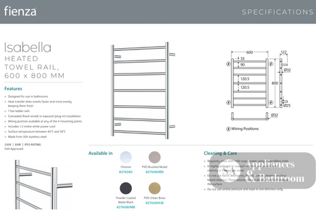 Fienza 8276080 Isabella Heated Towel Rail 600 x 800mm Chrome