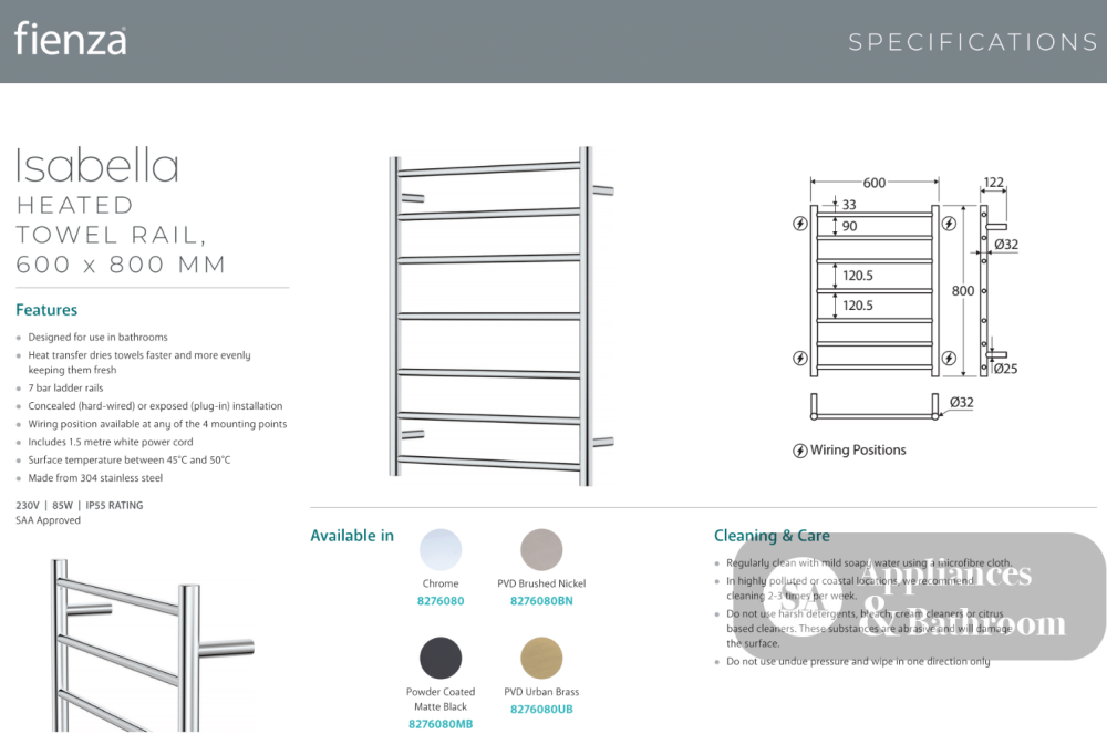Fienza 8276080MB Isabella Heated Towel Rail 600 x 800mm Matte Black