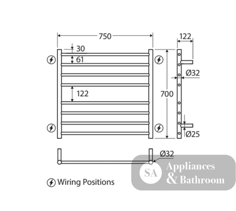 Fienza 8277570 Isabella Heated Towel Rail 750 x 700mm Chrome