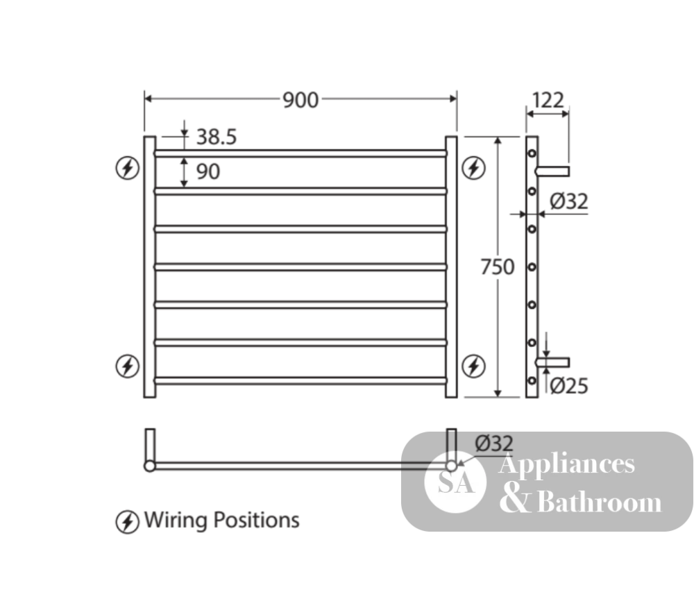 Fienza 8279075 Isabella Heated Towel Rail 900 x 750mm Chrome
