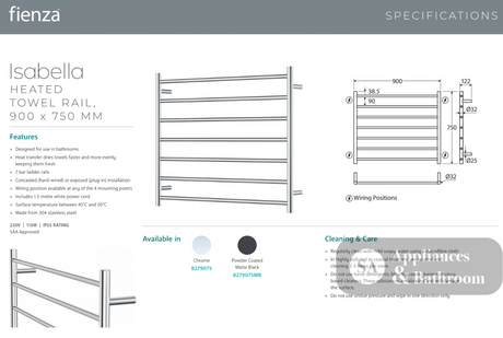 Fienza 8279075 Isabella Heated Towel Rail 900 x 750mm Chrome