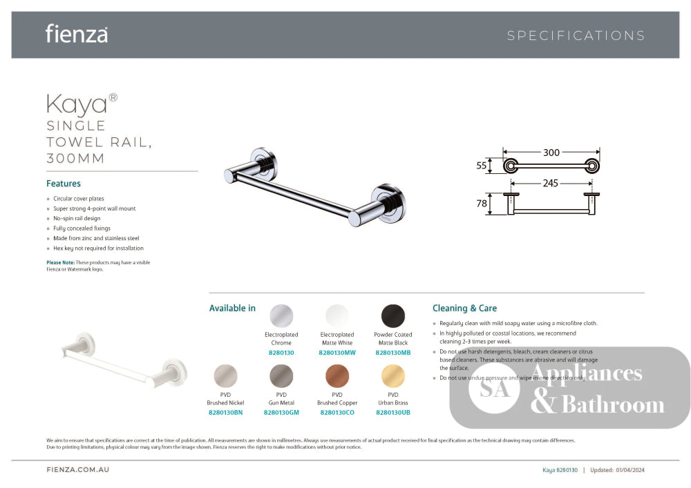Fienza 8280130CO Kaya Single Towel Rail 300mm Brushed Copper - Towel Rail
