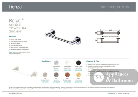 Fienza 8280130CO Kaya Single Towel Rail 300mm Brushed Copper - Towel Rail