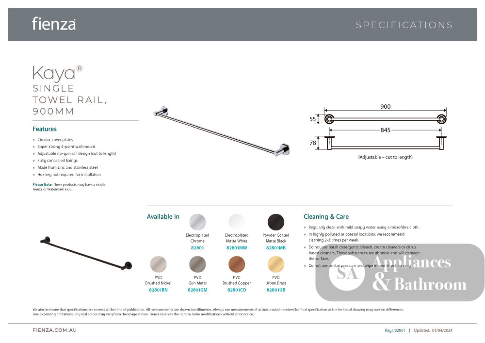 Fienza 82801BN Kaya 900mm Single Towel Rail Brushed Nickel - Bathroom Accessories