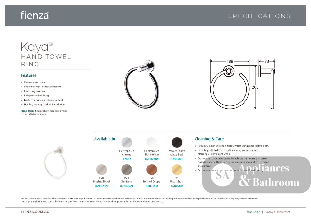 Fienza 82802 Kaya Hand Towel Ring Chrome - Bathroom Accessories