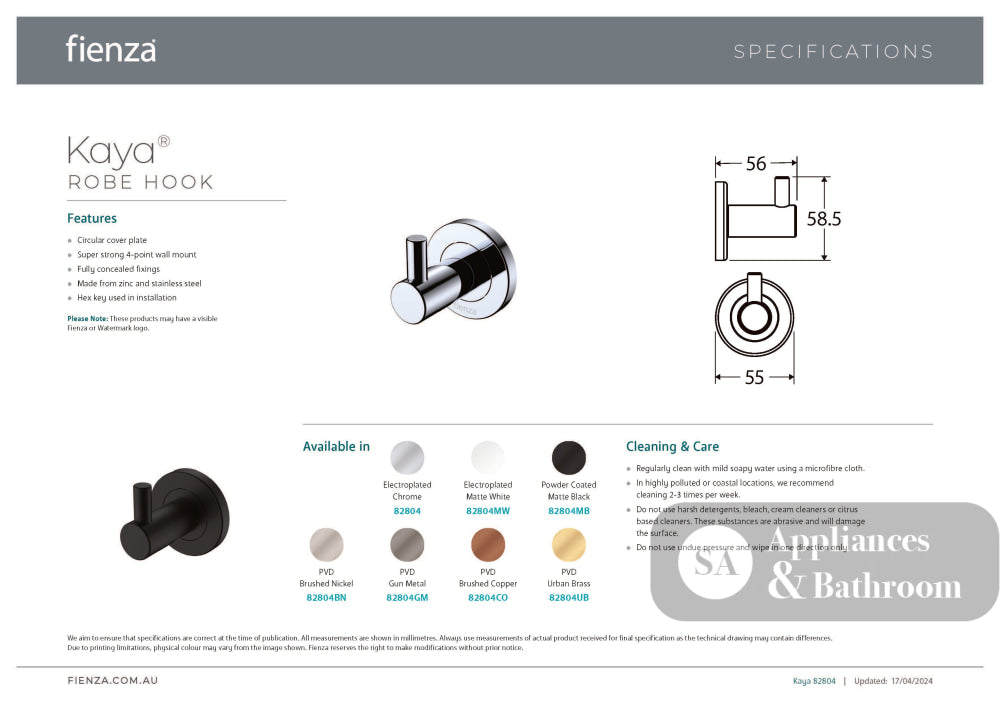 Fienza 82804 Kaya Robe Hook Chrome - Robe Hooks