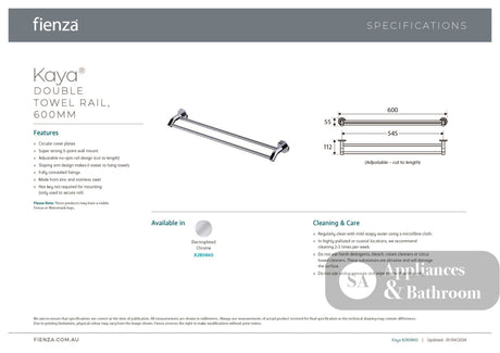 Fienza 8280860 Kaya Double Towel Rail 600mm Chrome - Accessories