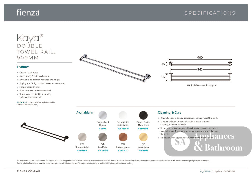 Fienza 82808CO Kaya 900mm Double Towel Rail Brushed Copper - Accessories
