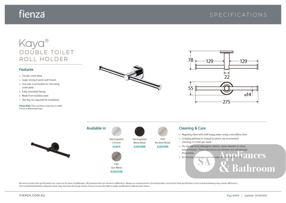 Fienza 82809GM Kaya Double Toilet Roll Holder Gun Metal - TOILET ROLL HOLDERS