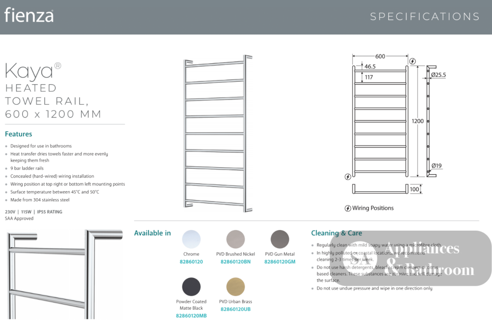 Fienza 82860120BN Kaya Heated Towel Rail 600 x 1200mm Brushed Nickel Finish