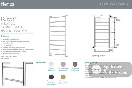 Fienza 82860120MB Kaya Heated Towel Rail 600 x 1200mm Matte Black