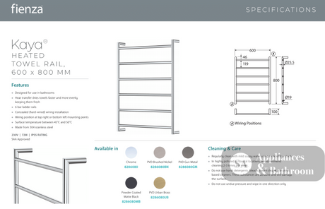 Fienza 8286080MB Kaya Heated Towel Rail 600 x 800mm Matte Black