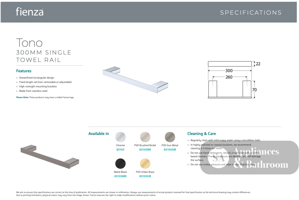 Fienza 85105BN Tono Single Towel Rail 300mm Brushed Nickel - Towel Rail