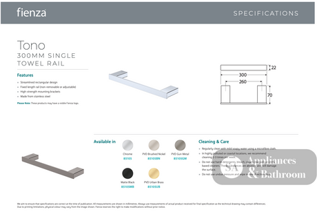 Fienza 85105BN Tono Single Towel Rail 300mm Brushed Nickel - Towel Rail