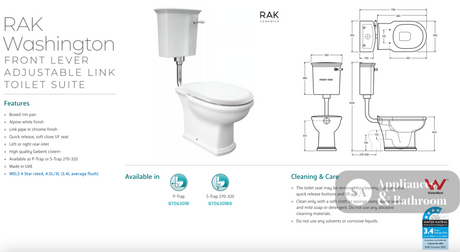 Fienza 870630WA Washington RAK Front Lever Adjustable Link S-Trap 270-320mm Toilet Suite White - Toilet Suites