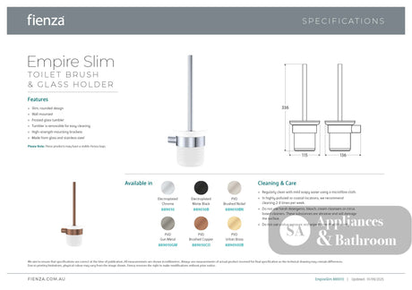 Fienza 889010BN Empire Slim Toilet Brush & Glass Holder Brushed Nickel - Accessories