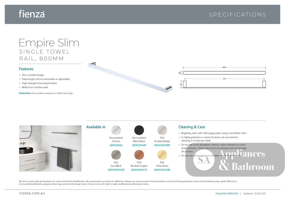 Fienza 88901800 Empire Slim Single Towel Rail 800mm Chrome - Accessories