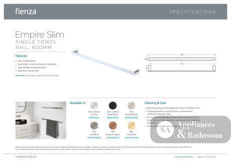 Fienza 88901800 Empire Slim Single Towel Rail 800mm Chrome - Accessories
