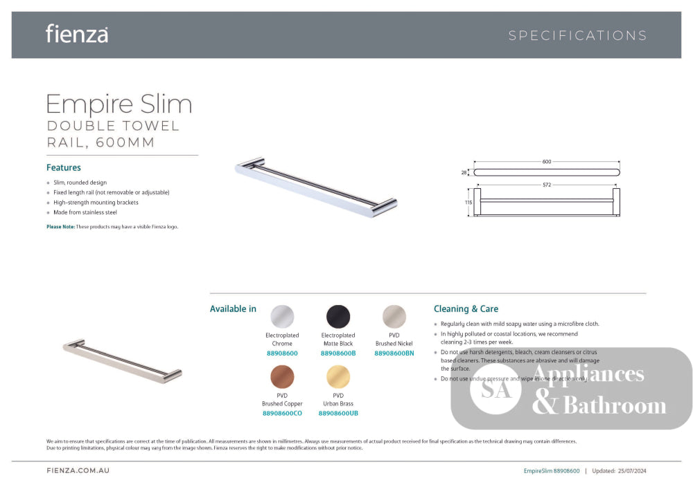 Fienza 88908600BN Empire Slim Double Towel Rail 600mm Brushed Nickel - Accessories