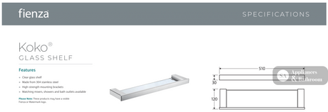 Fienza 89007 Koko Glass Shelf 510mm Chrome - SHELVES