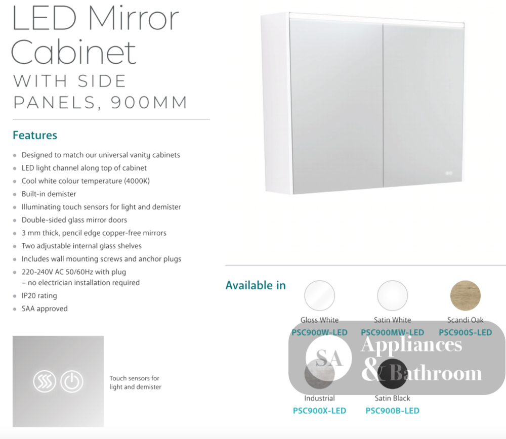 Fienza 900mm PSC900W-LED Mirror LED Cabinet Gloss White - Mirrors & Cabinets
