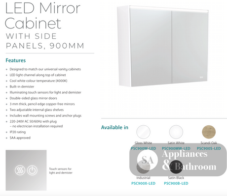 Fienza 900mm PSC900W-LED Mirror LED Cabinet Gloss White - Mirrors & Cabinets