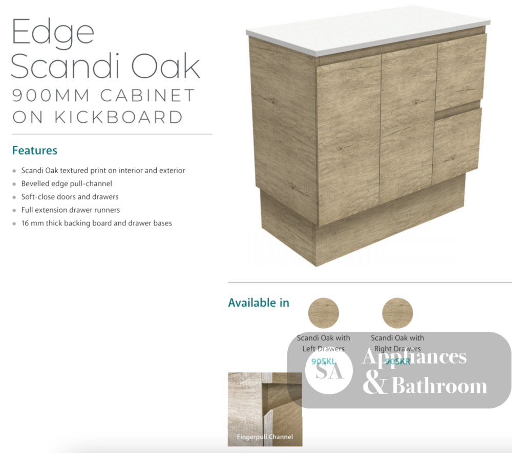 Fienza 900Mm Sc90Skl Crystal Pure Undermount Stone Top Edge Scandi Oak Vanity Unit On Kickboard Left