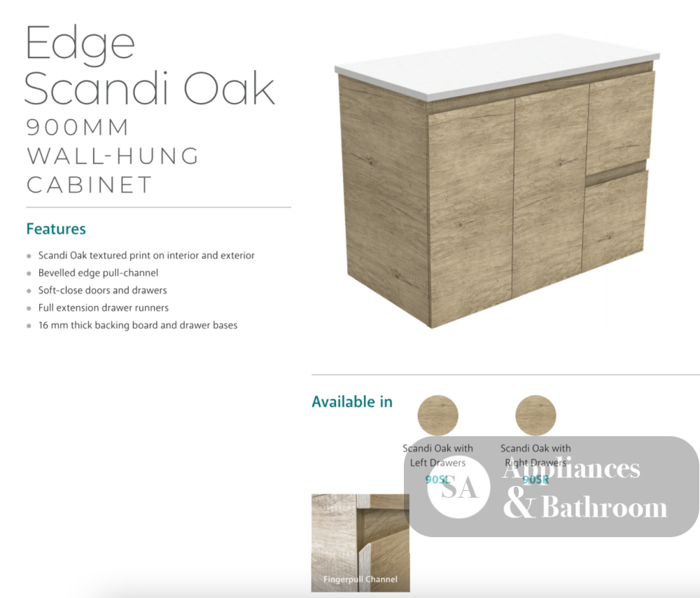 Fienza 900Mm Sc90Sr Crystal Pure Undermount Stone Top Edge Scandi Oak Wall Hung Vanity Unit Right