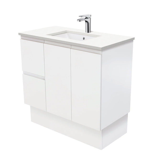 Fienza 900Mm Sc90Zkl Crystal Pure Undermount Stone Top Fingerpull Vanity Unit With Kickboard Satin