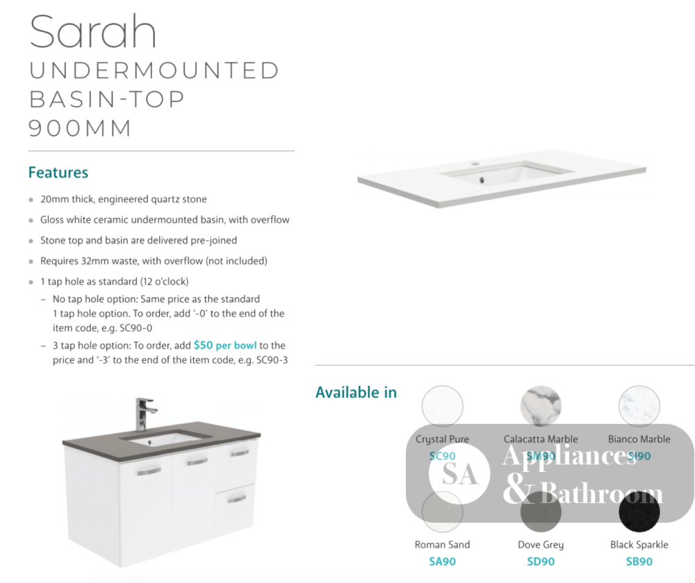Fienza 900Mm Sc90Zkl Crystal Pure Undermount Stone Top Fingerpull Vanity Unit With Kickboard Satin