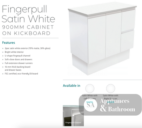 Fienza 900Mm Sc90Zkl Crystal Pure Undermount Stone Top Fingerpull Vanity Unit With Kickboard Satin
