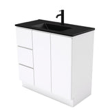 Fienza 900Mm Tclb90Cl Dolce Matte Black Fingerpull Gloss White Vanity On Kickboard Left Drawers -