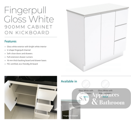 Fienza 900Mm Tclb90Cl Dolce Matte Black Fingerpull Gloss White Vanity On Kickboard Left Drawers -