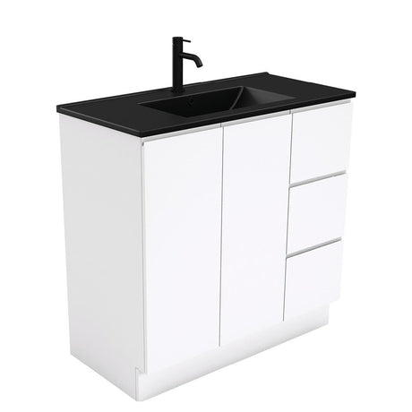 Fienza 900Mm Tclb90Cr Dolce Matte Black Fingerpull Gloss White Vanity On Kickboard Right Drawers -