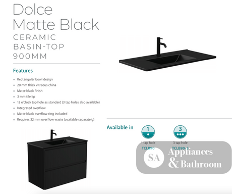Fienza 900Mm Tclb90Zkl Dolce Matte Black Fingerpull Satin White Vanity On Kickboard Left Drawers -