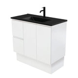 Fienza 900Mm Tclb90Zkl Dolce Matte Black Fingerpull Satin White Vanity On Kickboard Left Drawers -