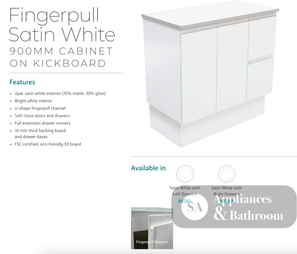Fienza 900Mm Tclb90Zkr Dolce Matte Black Fingerpull Satin White Vanity On Kickboard Right Drawers -