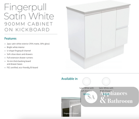 Fienza 900Mm Tclb90Zkr Dolce Matte Black Fingerpull Satin White Vanity On Kickboard Right Drawers -