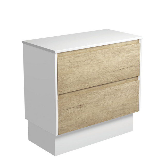 Fienza 90BSWK Amato 900 On Kickboard Cabinet Satin White Panels Scandi Oak Cabinet Only - Cabinet Only