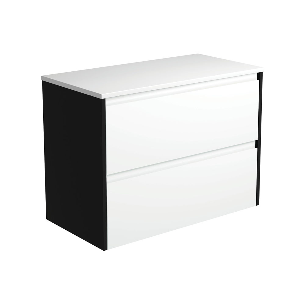 Fienza 90BWB Amato 900 Wall Hung Cabinet Satin Black Panels Satin White Cabinet Only - Cabinet Only