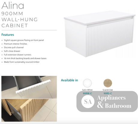 Fienza 90RW-C Alina Fluted White 900 Wall-Hung Cabinet Cabinet Only No Top - Vanity Units