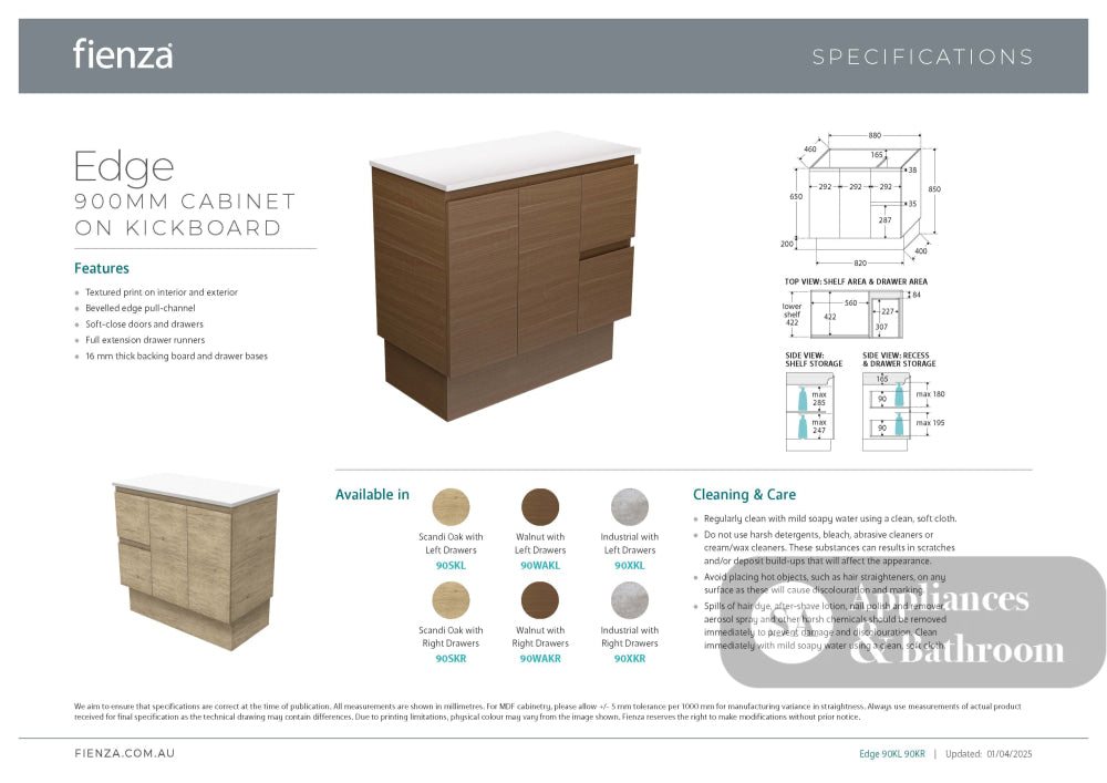 Fienza 90WAKR Edge Walnut 900 Cabinet on Kickboard Right Hand Drawers Cabinet Only - Cabinet Only